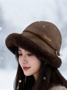 1pc Winter European & American Elegant Bucket Hat, Warm, Comfortable, Versatile, Simple, Cold-Proof, Large Head Circumference