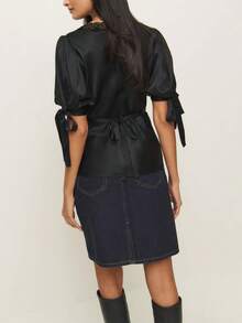Womens Summer Satin Tops Lace Patchwork Short Puff Sleeves V-Neck Blouse With Adjustable Ribbon Ties - Black - View 2