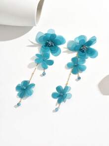 1对薄荷蓝布艺花朵长耳环，适合日常佩戴（珠子颜色随机） - 薄荷藍 - 查看 4