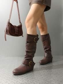 Women's Wide Calf Knee High Boots, Fur-Lined Low Hidden Wedge Boots - màu nâu - Xem 2