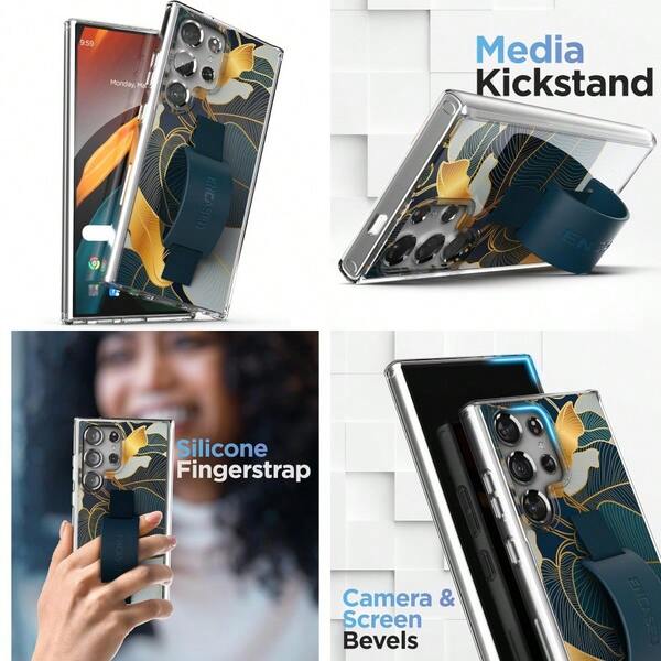 ml ENCASED - Funda diseñada para Samsung Galaxy S24 Ultra con soporte para teléfono diseño de hoja dorada10101