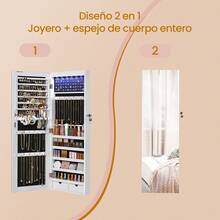 SONGMICS Espejo Joyero de Pared, Espejo Joyero Colgante sin Marco, Armario de Joyas con 6 LEDs para Colgar en la Pared o en la Puerta, Gran Capacidad con 2 Cajones, Blanco,Regalo de Navidad - Blanco - Ver 3