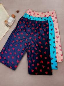 3 件套女士休闲睡裤，加大码心形印花蝴蝶结松紧腰宽松睡衣七分裤 - 彩色 - 查看 3