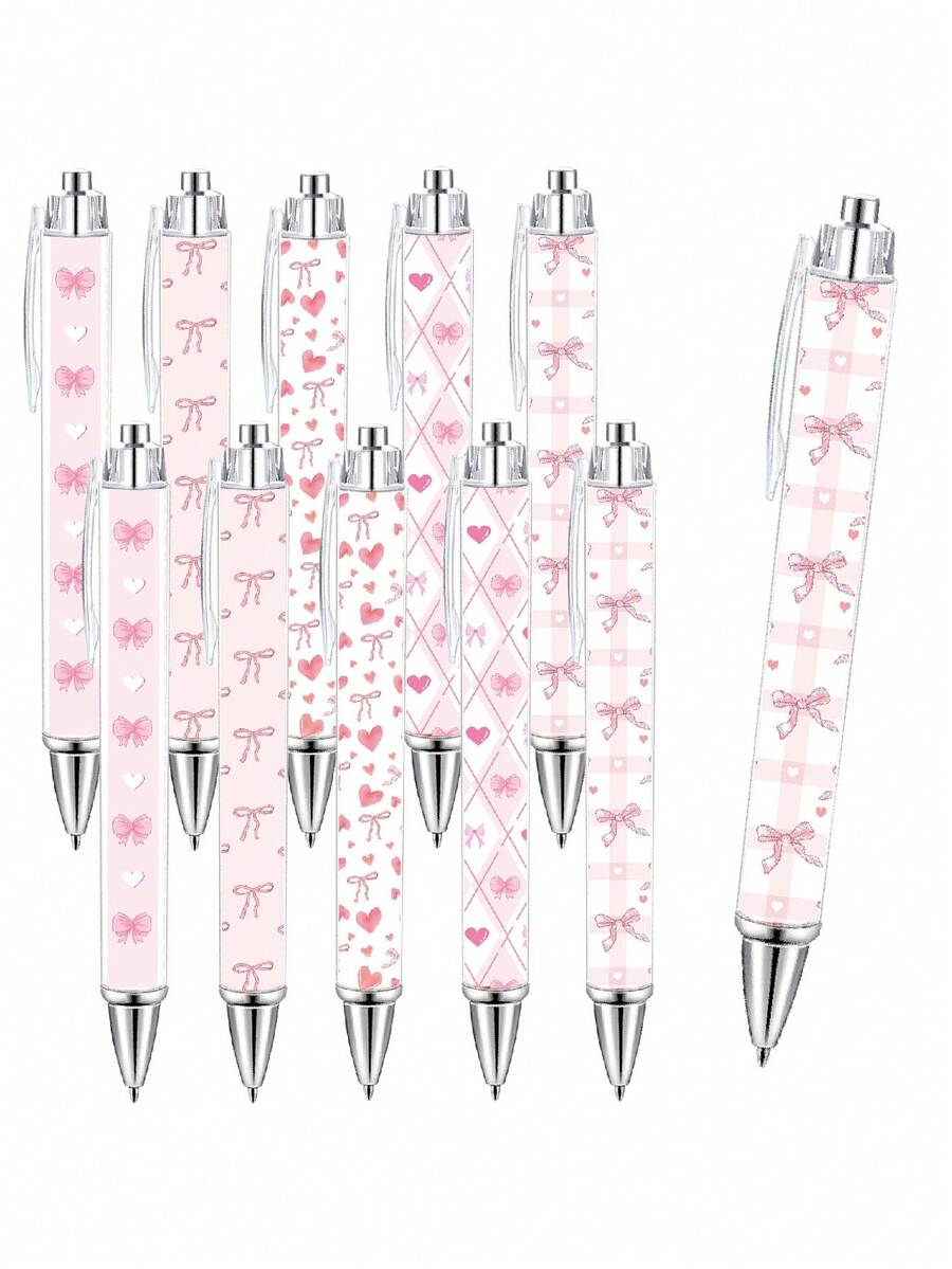 5 pezzi Set di penne a sfera con fiocco rosa, decorazione a cuore e fiocco sul fusto, scrittura fluida, adatto come regalo di San Valentino