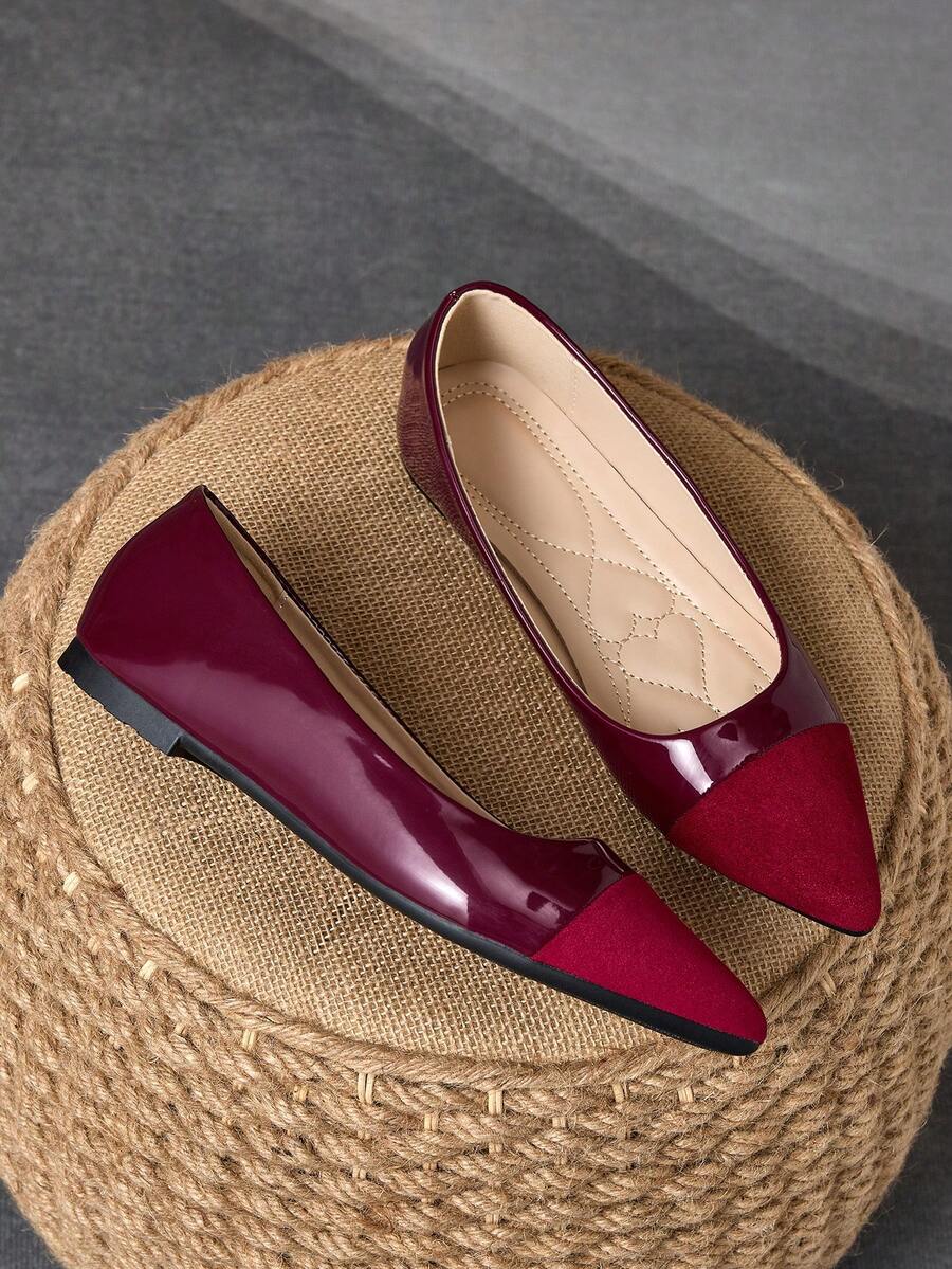 2025 Nuevos zapatos planos de moda con punta puntiaguda, versátiles, casuales, de suela blanda y elegantes para exteriores, disponibles en múltiples tallas - Borgoña [Patchwork] - Ver 1