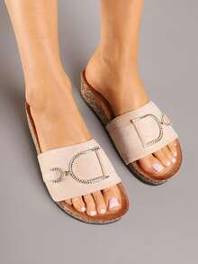 Sandalias de plataforma de corcho con detalles metálicos - Zapatos casuales de verano para mujer - Beis - Ver 4