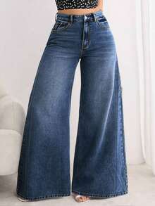 Jeans Mujer Anchos de Campana Grande Alto Cintura - Pantalones de Mezclilla para Mujer Estilo Boho Moda  #JeansMujer #PantalonesMezclilla #ModaMex - Azul lavado oscuro - Ver 5