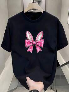 Camiseta de mujer con orejas de conejo de Pascua divertidas para chicas coquetas Camiseta de manga corta de algodón de 220 g, impresión por una cara - Negro - Ver 1