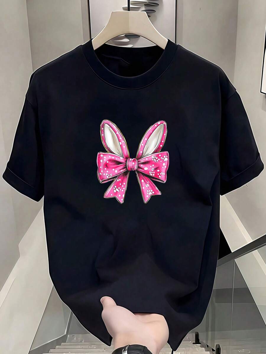 Camiseta de mujer con orejas de conejo de Pascua divertidas para chicas coquetas Camiseta de manga corta de algodón de 220 g, impresión por una cara - Negro - Ver 1