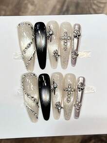 10片酷炫前卫手工亚克力美甲贴片，黑色渐变，银色十字架，星星和水钻装饰，长款尖头假指甲，DIY美甲用品，可重复使用，附赠果冻胶和指甲锉，日常、节日、秋冬季必备 - 黑與白 - 查看 5