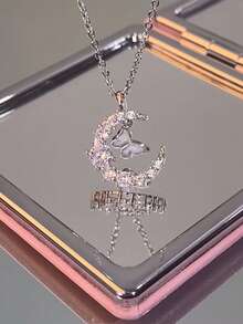 [1pc Elegant Moon Butterfly Necklace] 1pc Elegant Moon Butterfly Pendant Necklace, Sparkling Decor Clavicle Chain For Women