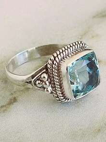 1pc Vintage Charm Blue Cubic Zirconia Ring, Women's Silver Birthstone Ring, Wedding Engagement Promise Ring, Birthday & Valentine's Day Gift - Silver - View 4