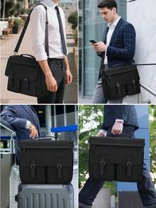 NEWHEY 男士15.6英寸笔记本电脑包 复古公文包 斜挎包 适用于工作、办公室、商务旅行 - 耐用邮差包，可装MacBook、PC及其他必备物品 - 黑色 - 查看 2