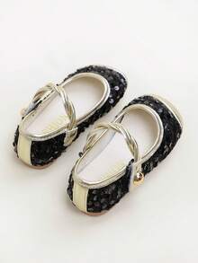 1 Pair Cute, Sweet, Elegant Sequin Patchwork Mary Jane Flat Shoes For Girls, Suitable For School, Commuting, All Seasons - Black - View 5