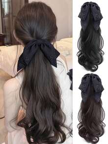 圣诞派对假发马尾，镶钻，波浪卷发马尾发夹，自然优雅发型假发爪（可拆卸蝴蝶结，二合一套装）冬季发饰爪夹 冬季发爪 - 彩色 - 查看 6