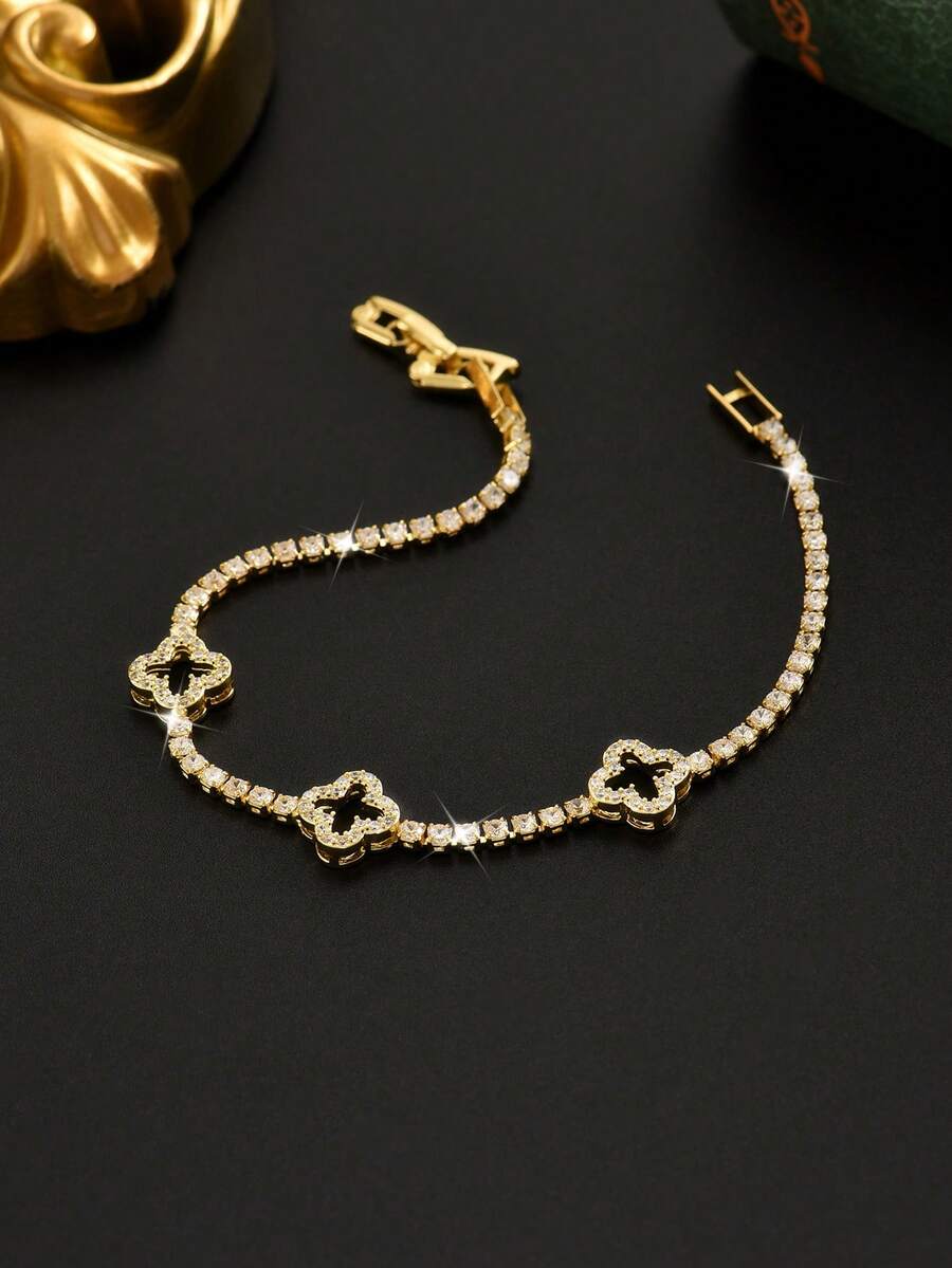 1条优雅奢华的四叶草水钻装饰男士手链，网球手链款式，男女皆宜的奢华珠宝，适合作为节日礼物 - 金黃色 - 查看 1