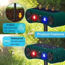 1/2 Pack Solar Outdoor Motion Sensor Alarm, 2 * 130db Loud Siren Noise Maker With 4 Adjustable Modes And Red & Blue Strobe Light, Suitable, Bird Deterrent, Cat,Squirrel,Deer,Dog,Raccoon,Rodent,Skunk,Rabbit Repellent For Homes, Orchards, Buildings, Farms, Warehouses And Other Places - Green - View 7