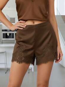 Women Satin Silk Shorts Lace Trim Patchwork Mini Micro Shorts Silky Elastic Waist High Rise Coquette Lounge Slip Bottoms Y2k Summer Wide Leg Lounge Shorts For Streetwear - màu nâu - Xem 3