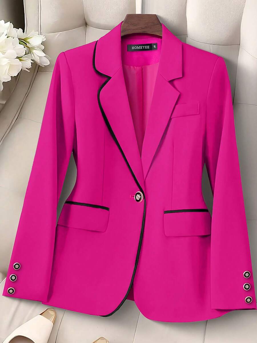 HOMEYEE Vintage Elegant Casual Blazer Jacket With Contrast Color Splicing, Suitable For Business, Work, Plus Size Spring - 玫紅色 - 查看 1