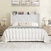 SHA CERLIN Full/Queen/King Velvet Upholstered Bed Frame With Charging Station, Modern Wingback Storage Headboard, Diamond Stitched & Gold Trim, No Box Spring Needed, Easy Assembly, White - Xem 2