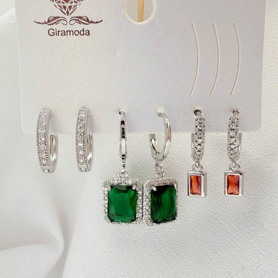 Necklace With 3 Pairs Of Women's Earrings Plated In 18K Gold And 925 Silver With Heart Design, Hoop And Colorful Cubic Zirconia - Modern And Elegant Style - B127. - Xem 1