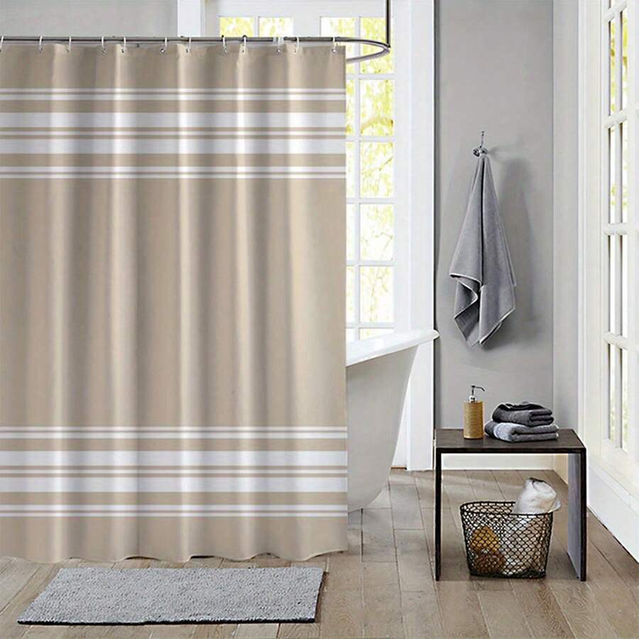 1pc Modern Striped Shower Curtain - Durable Polyester Fabric, Machine Washable With Hooks Included, Beige & White Stripes For All-Season Bathroom Decor, Contemporary Home Aesthetic - ngẫu nhiên - Xem 1