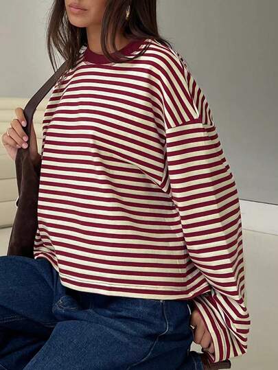Striped Contrast Ribbed Casual Loose Raglan Top