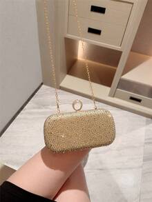 月光之夜手拿包，银色奢华水钻装饰金属链条单肩包，优雅迷你方形晚宴手拿包，适合婚礼、派对、正式场合，女士礼物，派对包，完美适用于派对、婚礼、圣诞/万圣节舞会、晚宴/盛会，婚礼必备，与毕业礼服、晚礼服完美搭配，是舞会配饰的理想之选。 - 金色 - 查看 10
