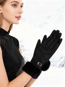 1 Pair Of Cartoon-Print Women's Thermal Lined Gloves, Featuring A Cute Style With A Thermal Lined Split-Finger Design, Perfect For Winter Warmth And Fashionable Outfits.