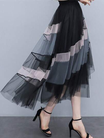 秋冬新款拼接网纱多层不对称下摆半身裙，百搭弹力腰褶裥纱裙，柔美浪漫风