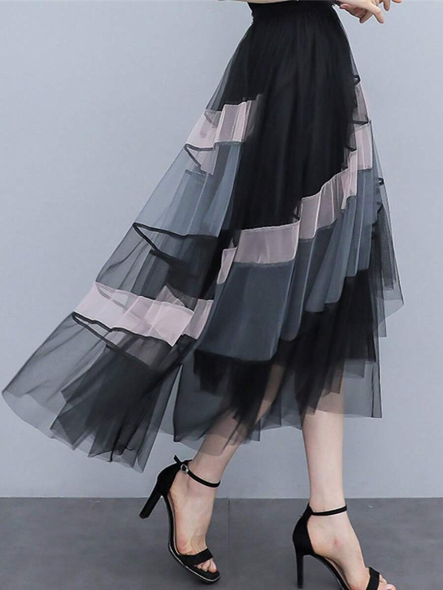 秋冬新款拼接网纱多层不对称下摆半身裙，百搭弹力腰褶裥纱裙，柔美浪漫风 - 黑色 - 查看 1