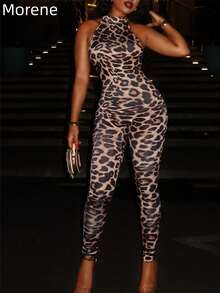 Morene Summer Jumpsuit Club Outfits Women Sexy Leopard Print Long Sleeve Going Out Rave Outfits Festival  Jumpsuit - 棕色 - 查看 1