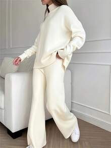Women's 2-Piece Winter Sportswear - Oversized High Neck Sweater And Wide Leg Pants, Soft Beige Solid Color, Comfortable And Casual To Formal Attire, Simple And Elegant Design, Easy To Care For (Hand Wash/Dry Clean) - Multifunctional Daily And Formal Wear, White Split Detail Sweater Paired With Matching Pants, Loose And Suitable For Layering, Fashionable And Comfortable Two-Piece Set For Autumn And Winter Seasons - 白色 - 查看 6