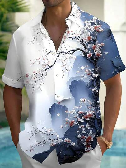 花卉风景印花男士纽扣口袋短袖衬衫