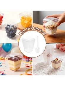 5oz Square Plastic Dessert Cups With Lids And Spoons, 25/50/100 Pcs Set, Parfait/Appetizer Cups For Yogurt, Mousse, Ice Cream, Pudding - Reusable Clear Containers, Birthday, Wedding, Holiday (Christmas, Eid, Oktoberfest) Gifts, Party, Festival Dessert Supplies