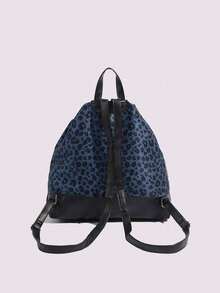2025 Spring/Summer New Fashionable Leopard Print Casual Versatile Large Capacity Drawstring Backpack, Simple And Lightweight For Commuting - Navy Blue - View 5