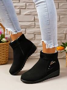 New Fashion Plus Size Warm Suede Leather Lining Snow Boots, Wedge Heel, Comfortable Anti-Slip Ankle Boots For Autumn/Winter, Fur Boots - Black - View 1