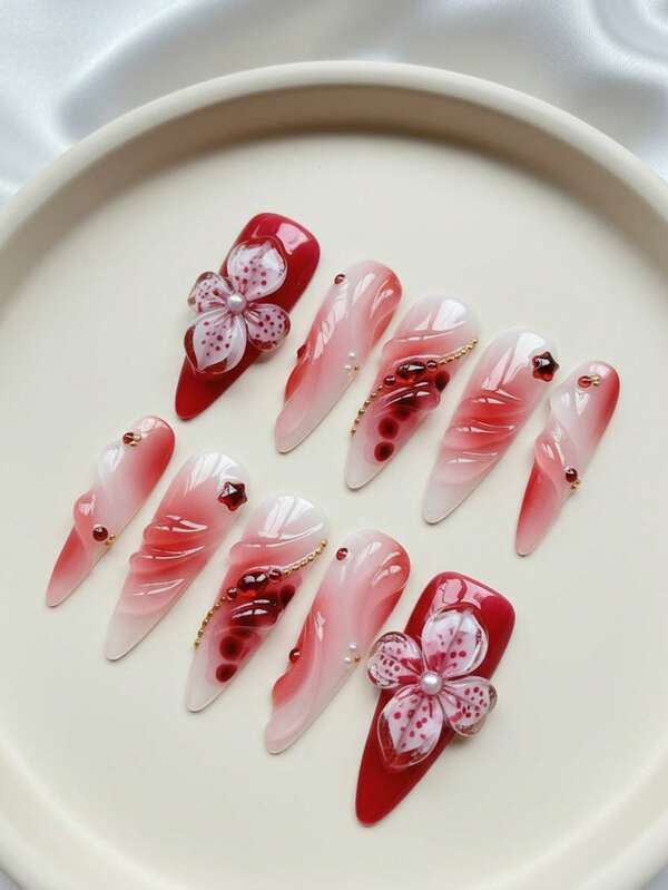 Change Your Nails! 10PCS Medium Long Almond Handmade Press On Nails - Red & White Gradient French Tip Nails With Ombre Design, Floral, Water Drop, Star Rhinestone, Gold Chain & Pearl 3D Accents; Removable Reusable Nail Set (Nail Glue & Nail File Included) - Perfect For Daily Wear & Parties