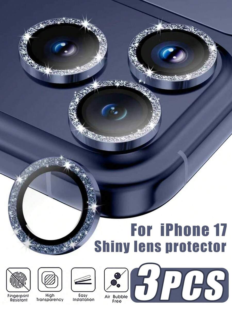 3pcs Apple Camera Lens Protector Film, Fit For IPhone 17 Pro/17 Pro Max/16 Pro Max/16 Pro/15 Pro Max/15 Pro/14 Pro Max/14 Pro, Glossy Design, 9H Tempered Glass, Metal Separate Ring Decor Accessory, Shiny Dark Blue - Navy Blue - View 1