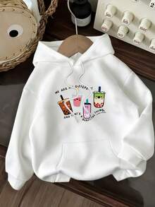 Women's Loose Hooded Sweatshirt, Fun Milkshake And Coffee Cup Pattern Print - Soft Beige Pullover, Kangaroo Pocket And Drawstring Hood, Comfortable Autumn Winter Sweater, Machine Washable Casual Streetwear - Fun Beverage Design, Including Coffee, Tea And Milkshake Patterns, Loose Fit, Suitable For All Seasons, Fashionable Street Style - New Hoodies For Women - Sweatshirts For Women - trắng - Xem 1