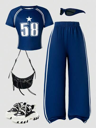 2pcs/Set Girls Casual Everyday Wear Fashion Letter Print Round Neck Short Sleeve T-Shirt And Long Pants Set, Summer