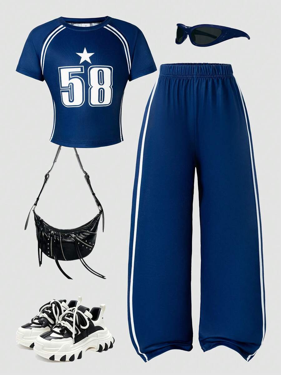 2pcs/Set Girls Casual Everyday Wear Fashion Letter Print Round Neck Short Sleeve T-Shirt And Long Pants Set, Summer - Navy Blue - View 1