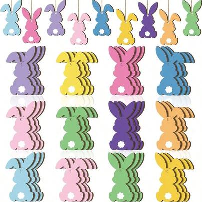 24pcs/Set,Colorful Easter Bunny Wooden Hanging Decorations - Rabbit-Shaped Decorations, Perfect For Spring And Easter Tree Decorations, Playful Designs Of Festival Decorations, Rabbit Accessories