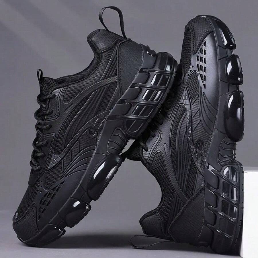 Men's Low-Top Sneakers - Lightweight Shock-Absorbing Sports Shoes, Lace-Up Fitness Shoes, Anti-Slip TPU Outsole, Suitable For Running, Casual And Various Occasions - Minimalist Design For All Seasons, Black - Breathable Fabric Lining, Multifunctional Shoes, Fashionable Style, Secure Closure, Athletic Shoes, Active Lifestyle - Black - View 1