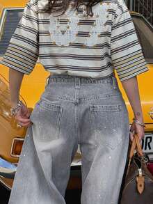 宽松直筒女式牛仔裤 Y2K 美学街头服饰 2025 休闲时尚女装中腰阔腿牛仔裤。 - 灰色 - 查看 7