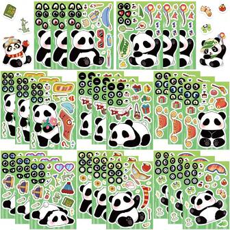 8张可爱熊猫拼图贴纸卡通涂鸦贴纸DIY手册日记本笔记本电脑头盔文具装饰贴纸