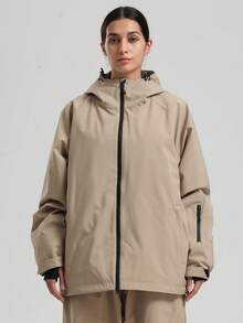 一件男女通用滑雪服/外套，女士冬季连帽登山服，带透气腋下拉链和防丢拉链口袋，男士单板滑雪户外外套，适合户外活动和冬季滑雪，结构加固，功能性滑雪装备，耐用雪地装备，女士滑雪服 - 卡其色 - 查看 10