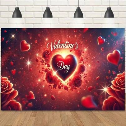 2D Banner 1pcsRomantic Valentine's Day Polyester Backdrop - Sparkling Heart And Rose Designs, Perfect For Birthday Parties, Photo Booths And Outdoor Celebrations - Durable, No Power Required, Valentine's Day Decor