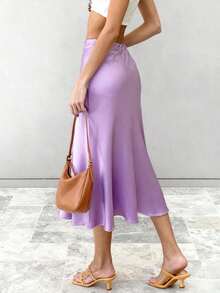 Falda de moda con textura satinada de inspiración europea y americana. Falda midi lisa con efecto drapeado brillante. Falda de seda para mujer. Novedades primavera/verano. Falda midi de verano de cintura alta para mujer. - Morado - Ver 5