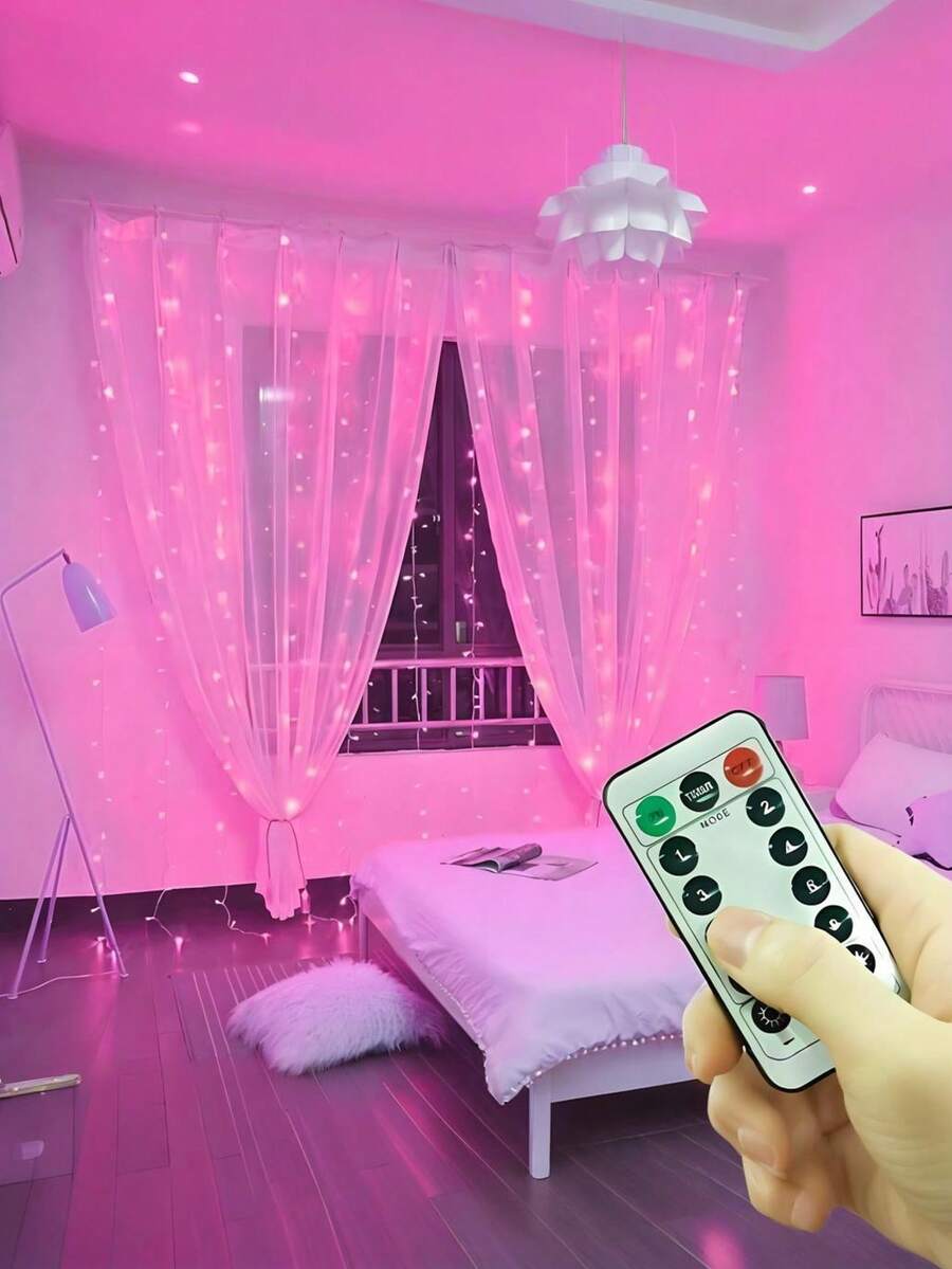 1 ekran świetlny LED z pilotem, 1 różowa girlanda świetlna, girlanda świetlna zasilana przez USB 100/200/300, kurtyna świetlna, girlanda świetlna z drutu miedzianego, dekoracja pokoju, różowe lampki choinkowe, 8 trybów oświetlenia, sznur lampek, dekoracja ścienna, dekoracja na imprezę, dekoracja pokoju dla dziewcząt, lampki choinkowe, lampki świąteczne, wystrój świąteczny